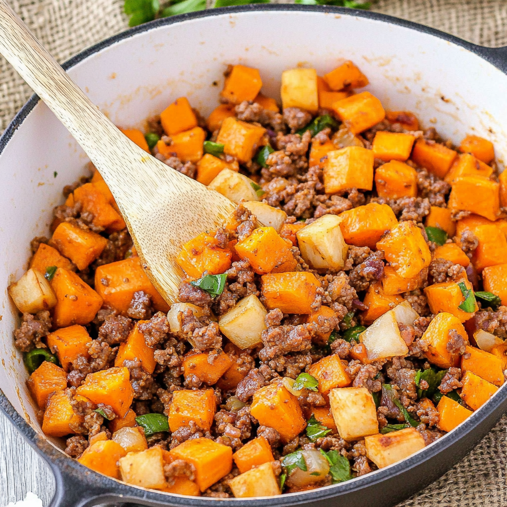 Recipe preparation for Ground Beef & Sweet Potato Hash Skillet