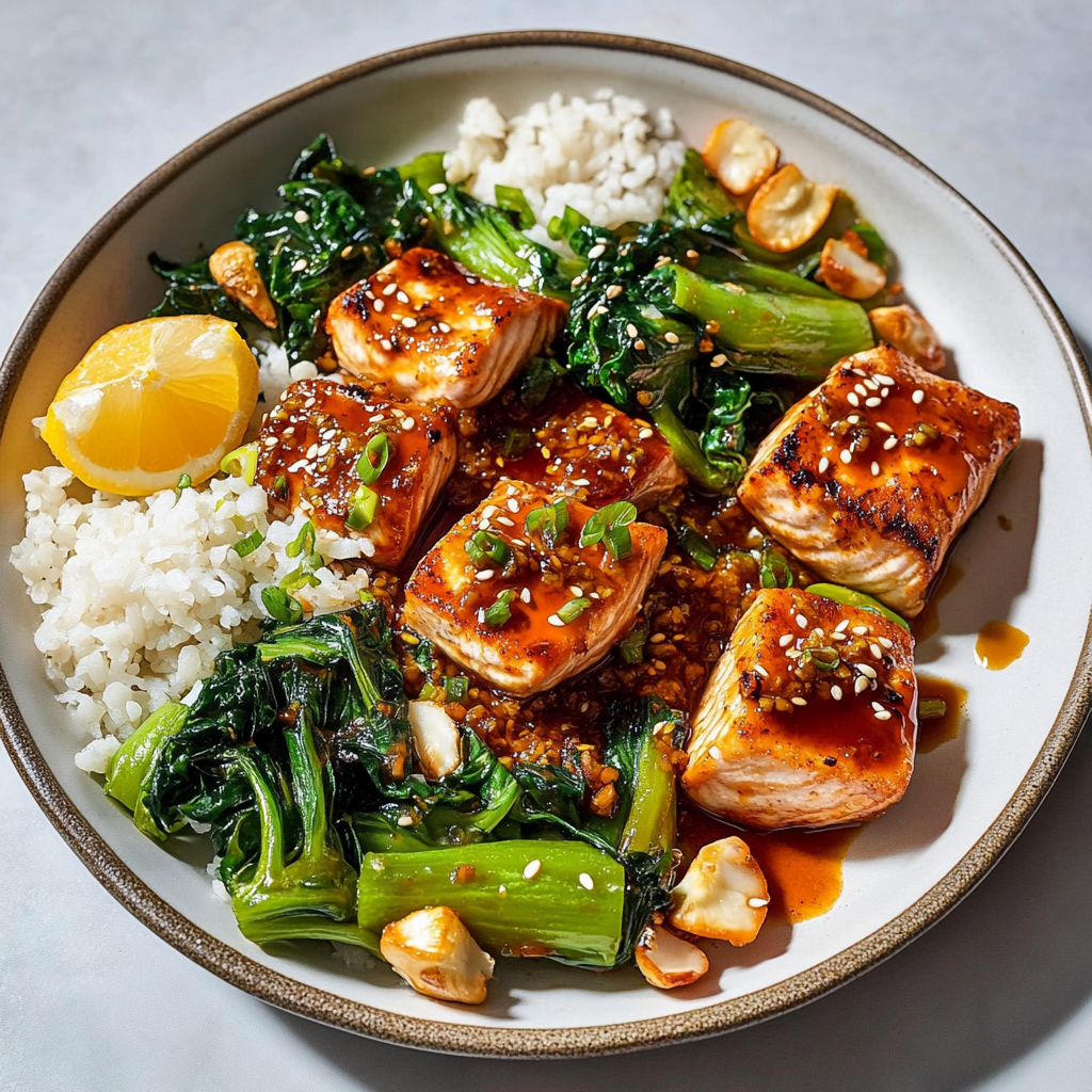 Recipe preparation for Sweet Chili Glazed Salmon with Roasted Green Veggies