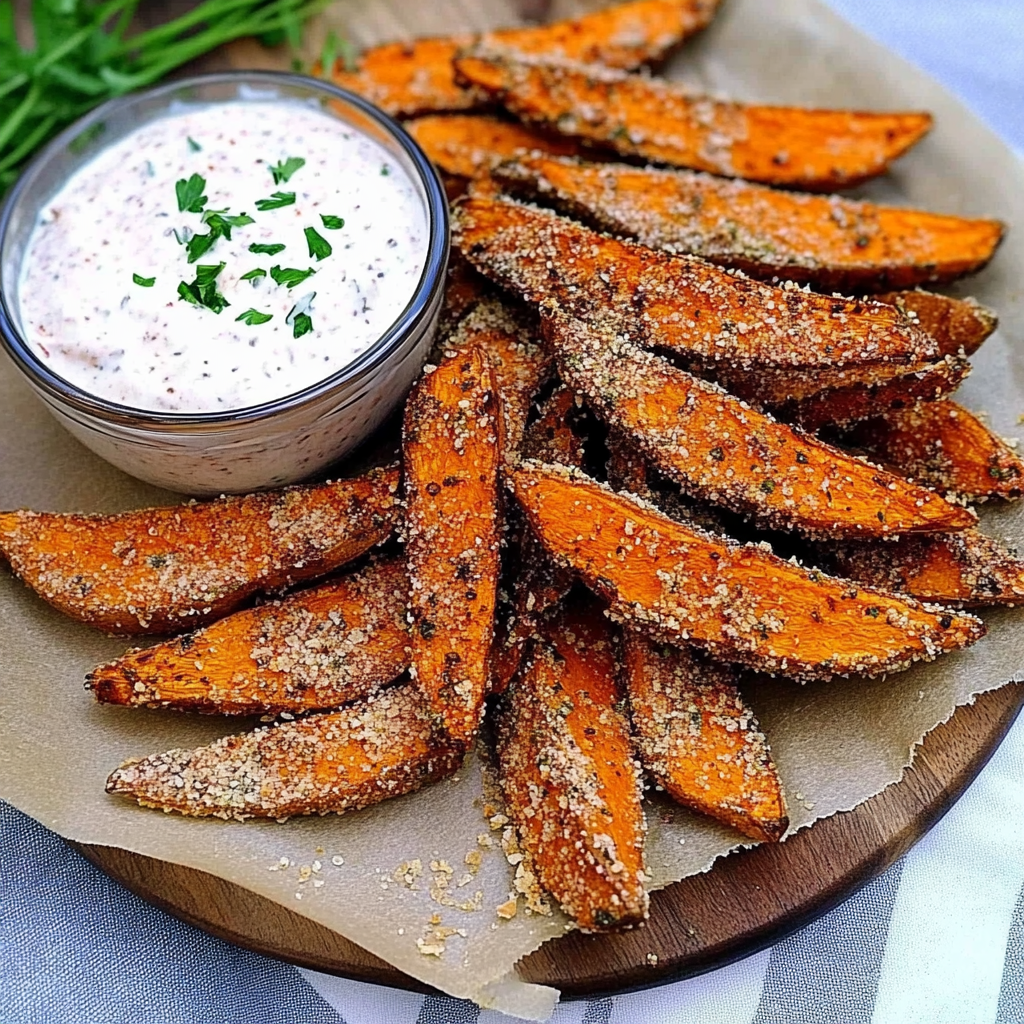 Recipe preparation for Roasted Parmesan Sweet Potato Wedges with Herbs and Sour Cream Dip