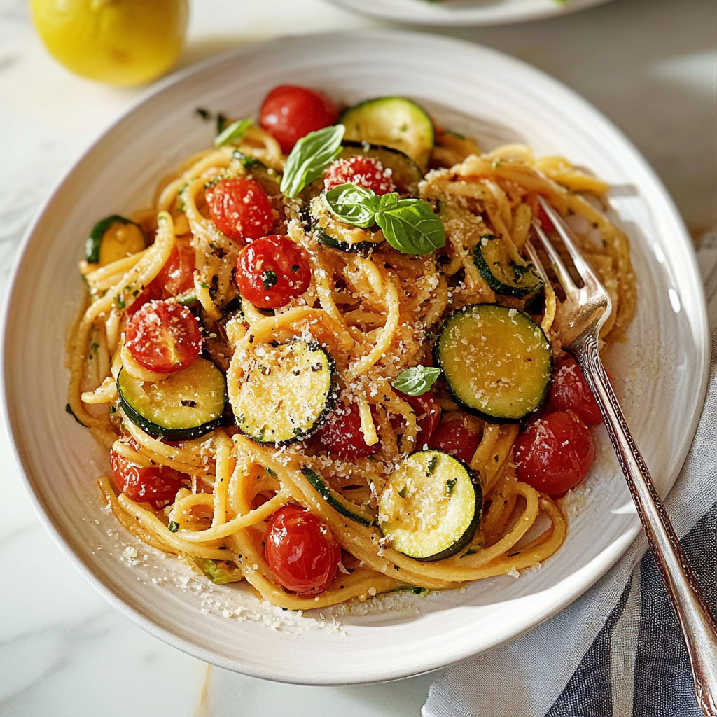 Recipe preparation for One-Pan Zucchini & Cherry Tomato Pasta