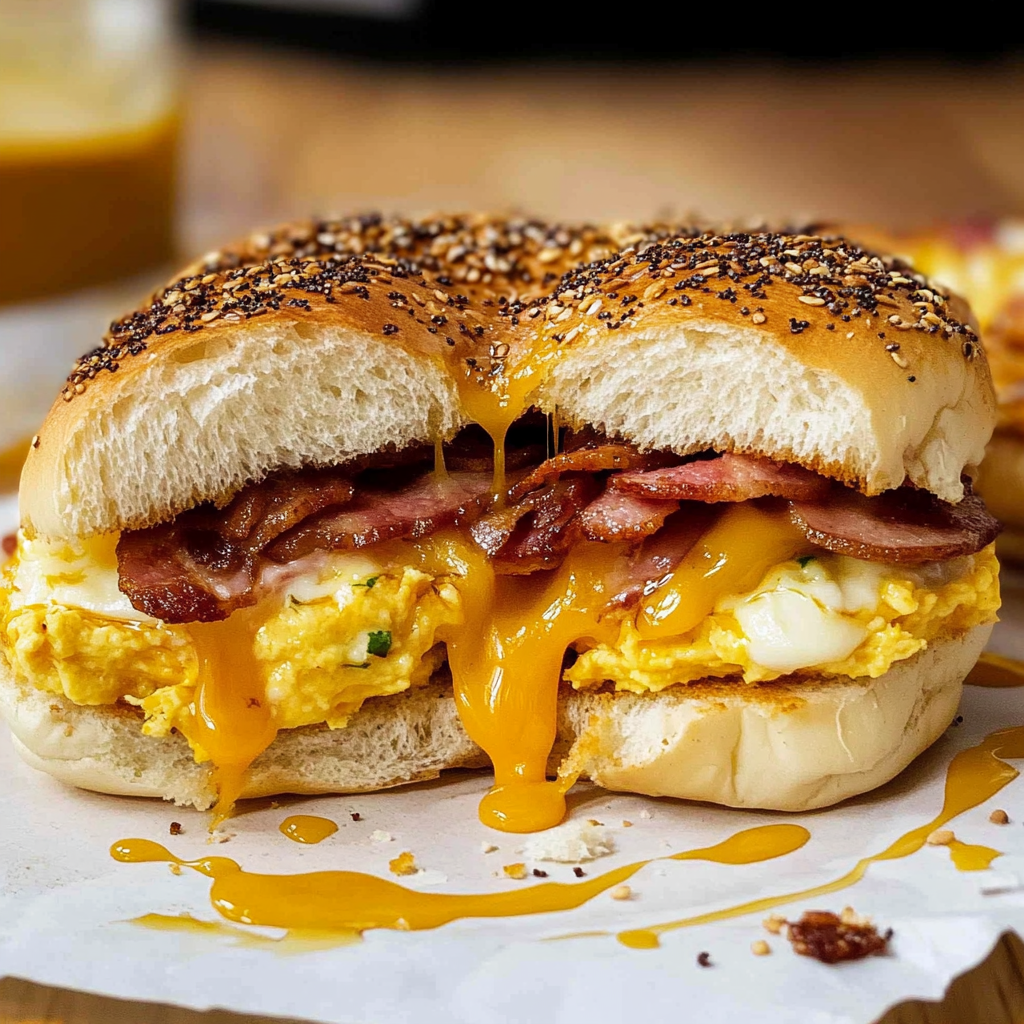 Recipe preparation for Bacon Egg & Cheese Bagel Breakfast Sliders