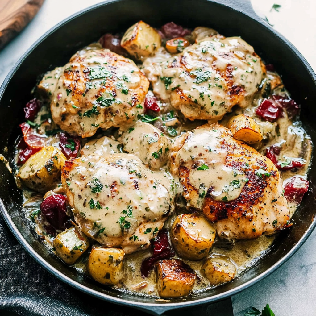 Recipe preparation for Creamy Tuscan Chicken Skillet with Shallots