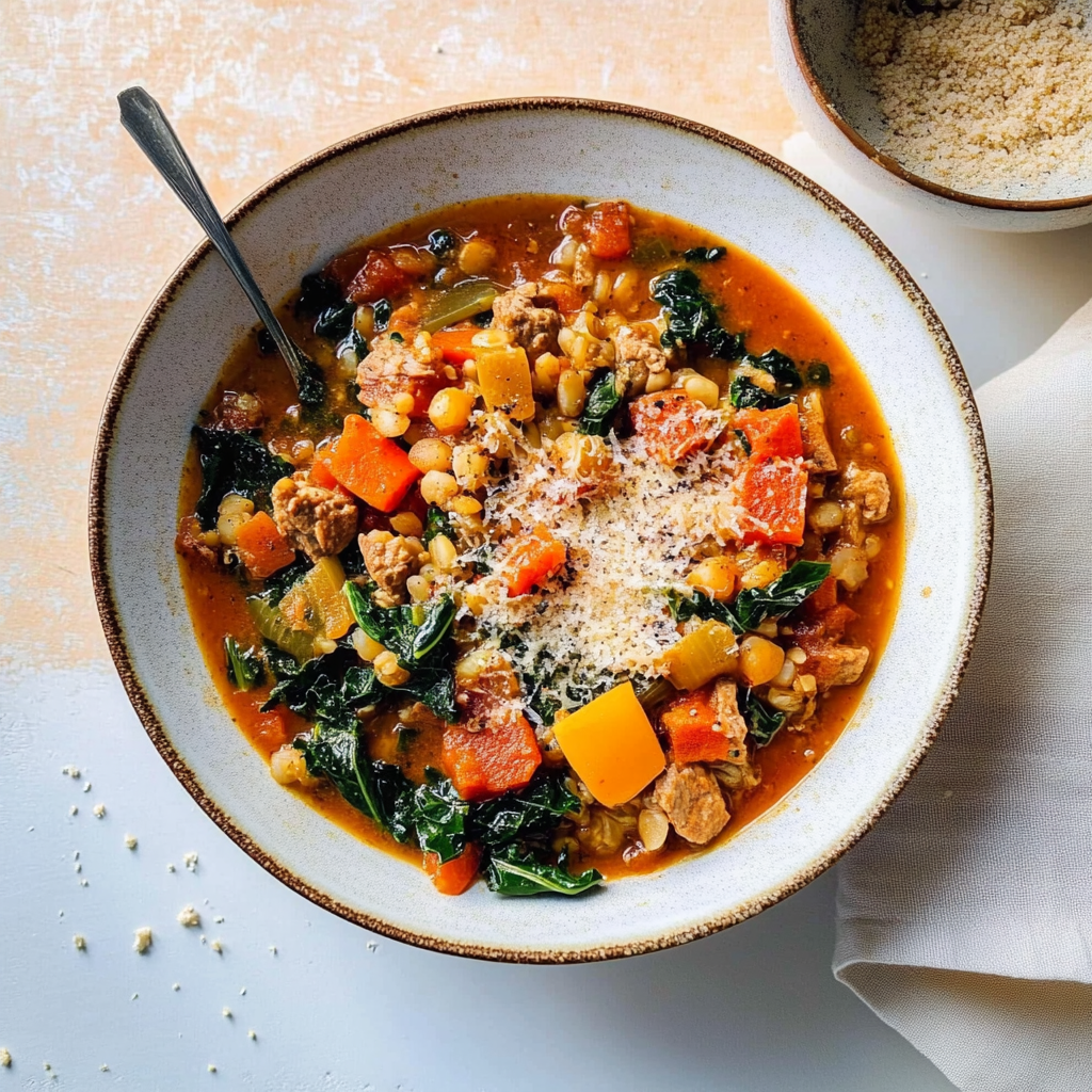 Recipe preparation for Cozy Beef & Barley One-Pot with Kale