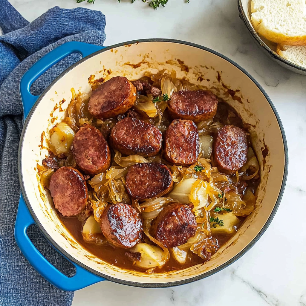 Recipe preparation for Kielbasa & Sauerkraut Skillet with Brown Sugar