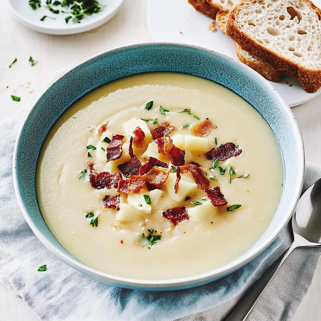 Recipe preparation for Creamy Winter Potato Leek Soup with Crispy Bacon
