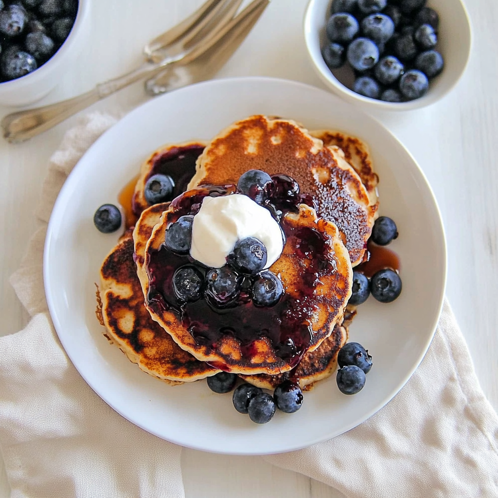 Recipe preparation for Greek Yogurt Pancakes with Blueberry Compote