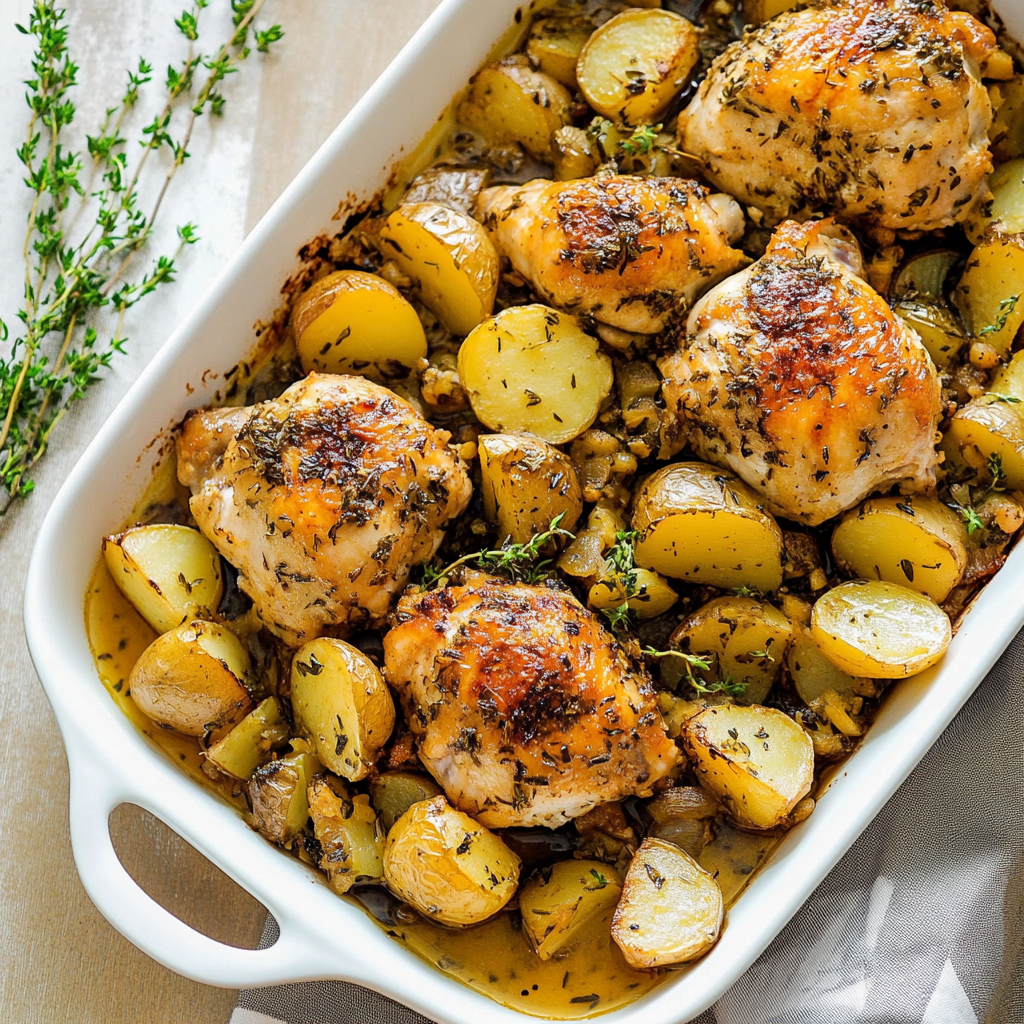 Recipe preparation for One-Pan Chicken & Potatoes with Herb Butter