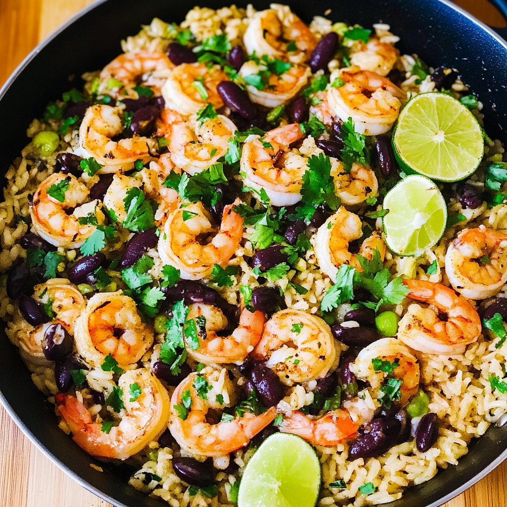 Recipe preparation for Shrimp & Black Bean Rice Skillet