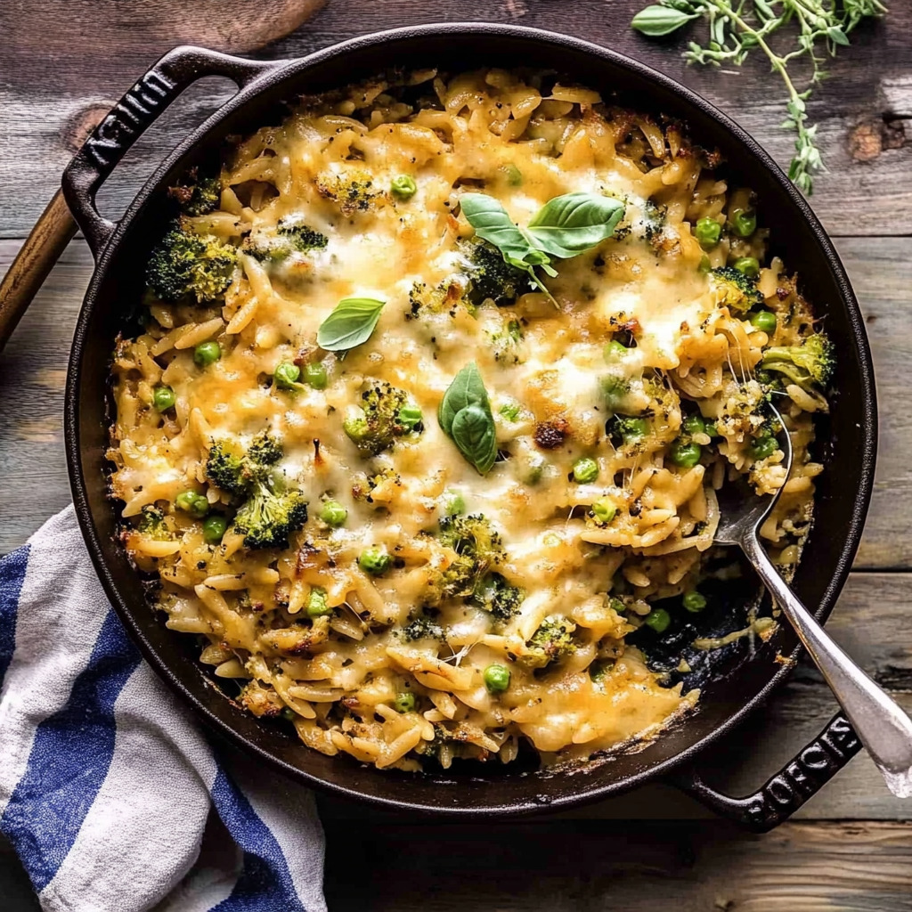 Recipe preparation for One-Pot Broccoli Cheddar Orzo with Basil