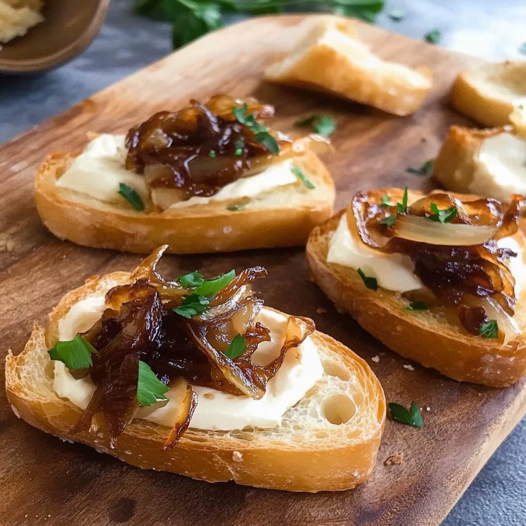 Recipe preparation for Caramelized Onion & Brie Crostini