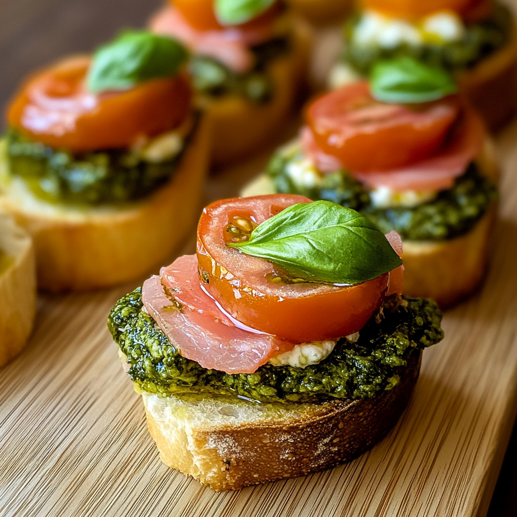 Recipe preparation for Tomato Crostini with Pesto and Ricotta