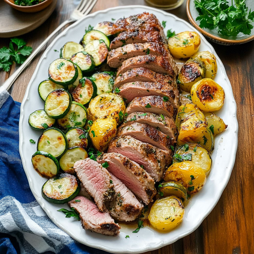Recipe preparation for Garlic Herb Pork Tenderloin with Zucchini & Bell Peppers