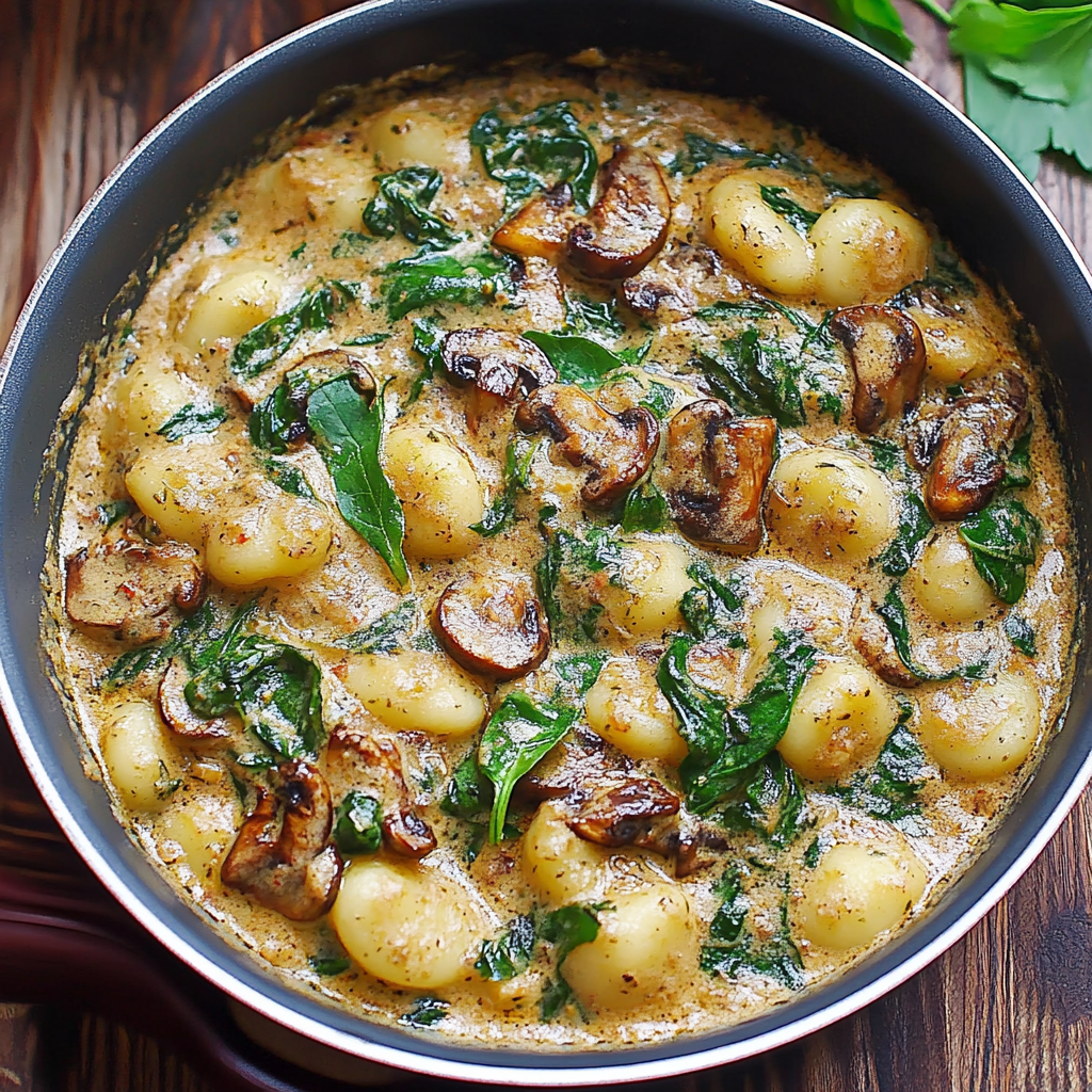 Recipe preparation for One-Pot Creamy Spinach Gnocchi with Mushrooms