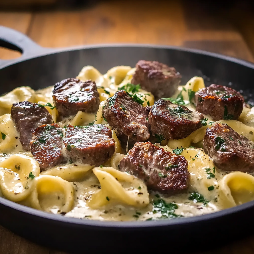 Recipe preparation for Garlic Steak Tortellini