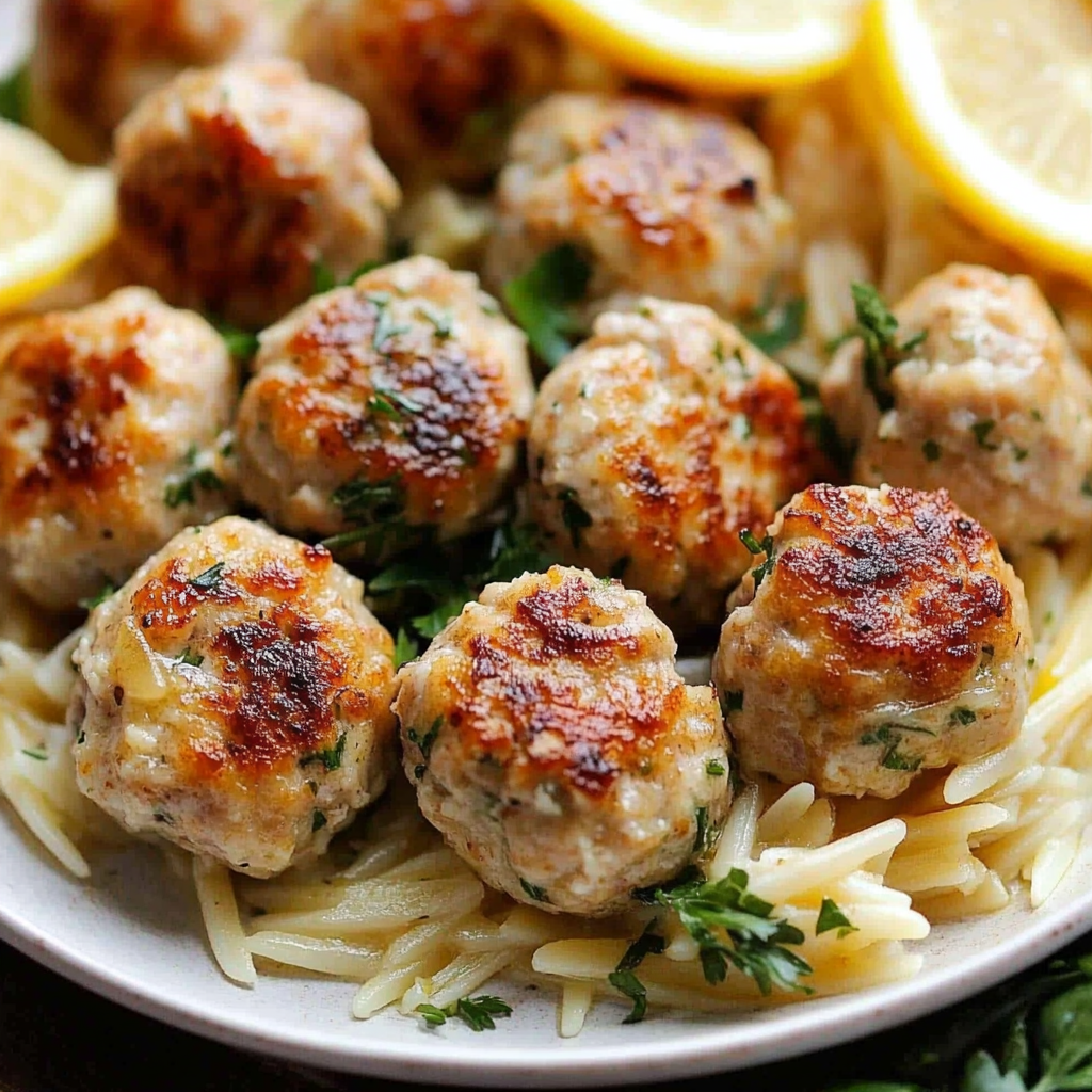 Recipe preparation for Greek Chicken Meatballs with Lemon Orzo