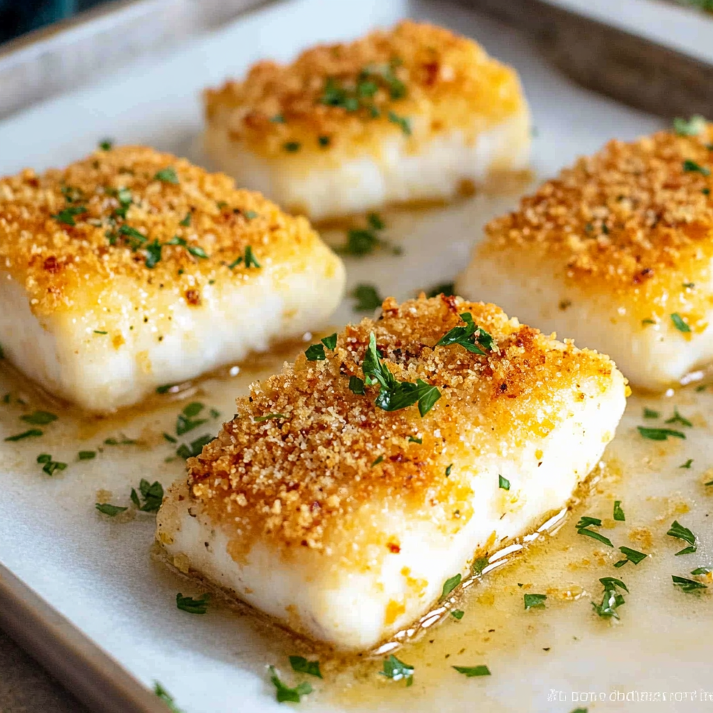 Recipe preparation for Garlic Parmesan Crusted Halibut