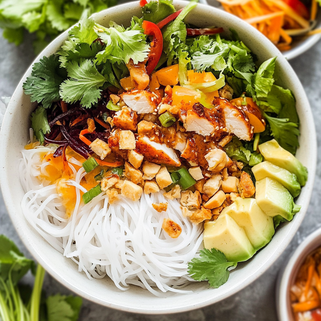 Recipe preparation for Chicken Spring Roll Bowls with Peanut Sauce