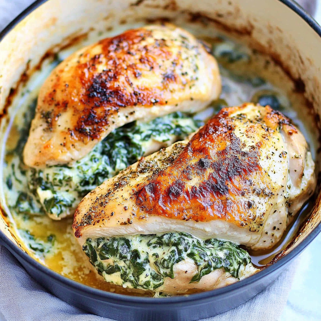Recipe preparation for Creamy Lemon Spinach Stuffed Chicken