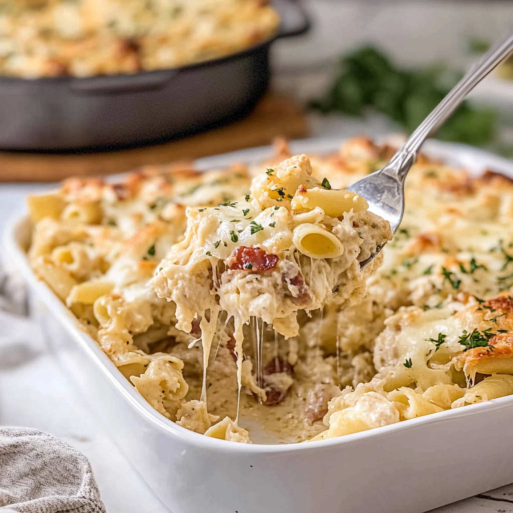 Recipe preparation for Chicken Bacon Alfredo Bake