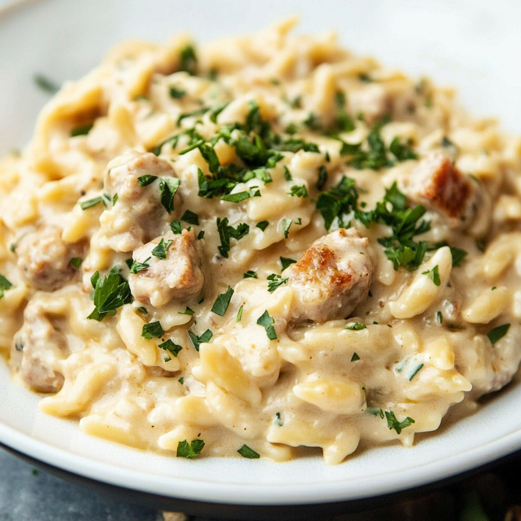 Recipe preparation for Creamy Parmesan Sausage Orzo