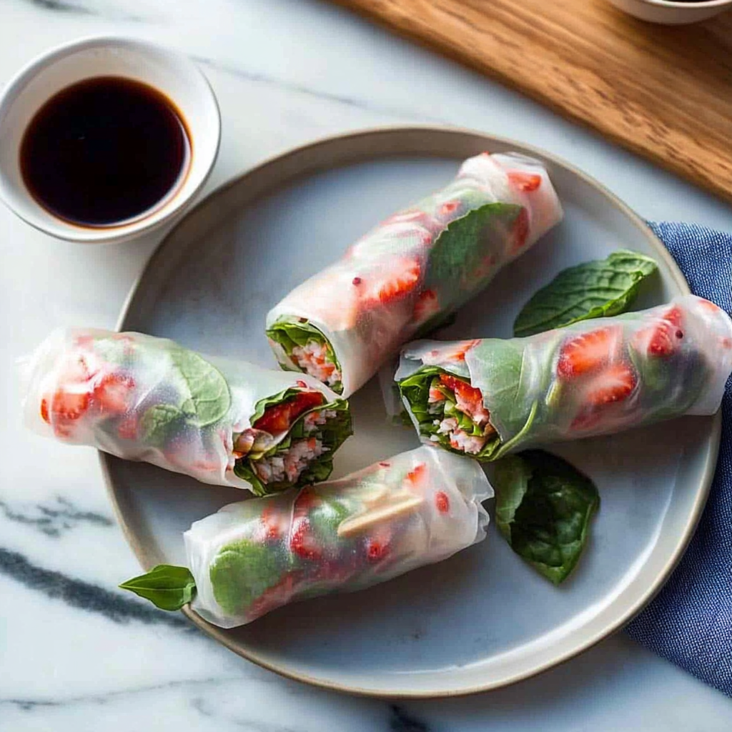Recipe preparation for Strawberry Spinach Spring Rolls
