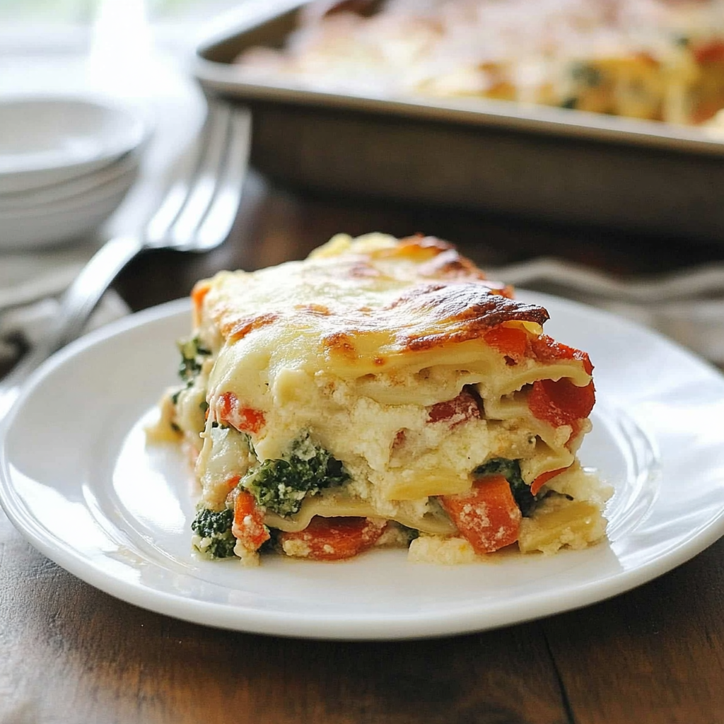 Recipe preparation for Spring Veggie Alfredo Lasagna