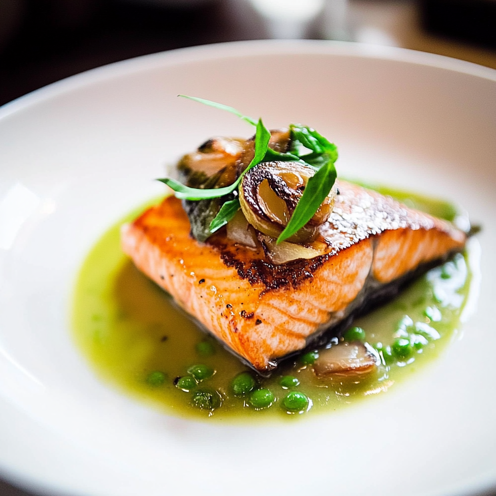 Recipe preparation for Steelhead Trout with Spring Pea Sauce