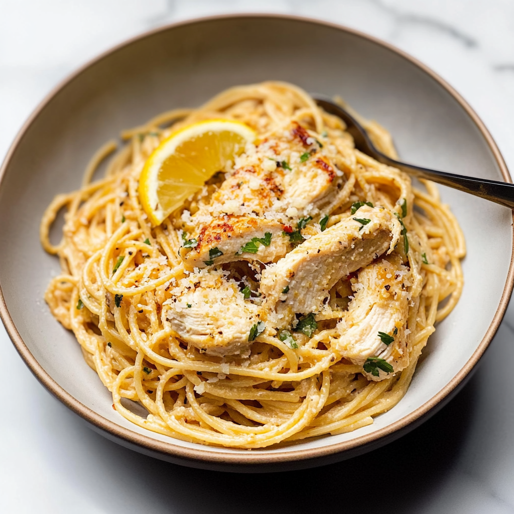 Recipe preparation for Lemon Garlic Chicken Spaghetti