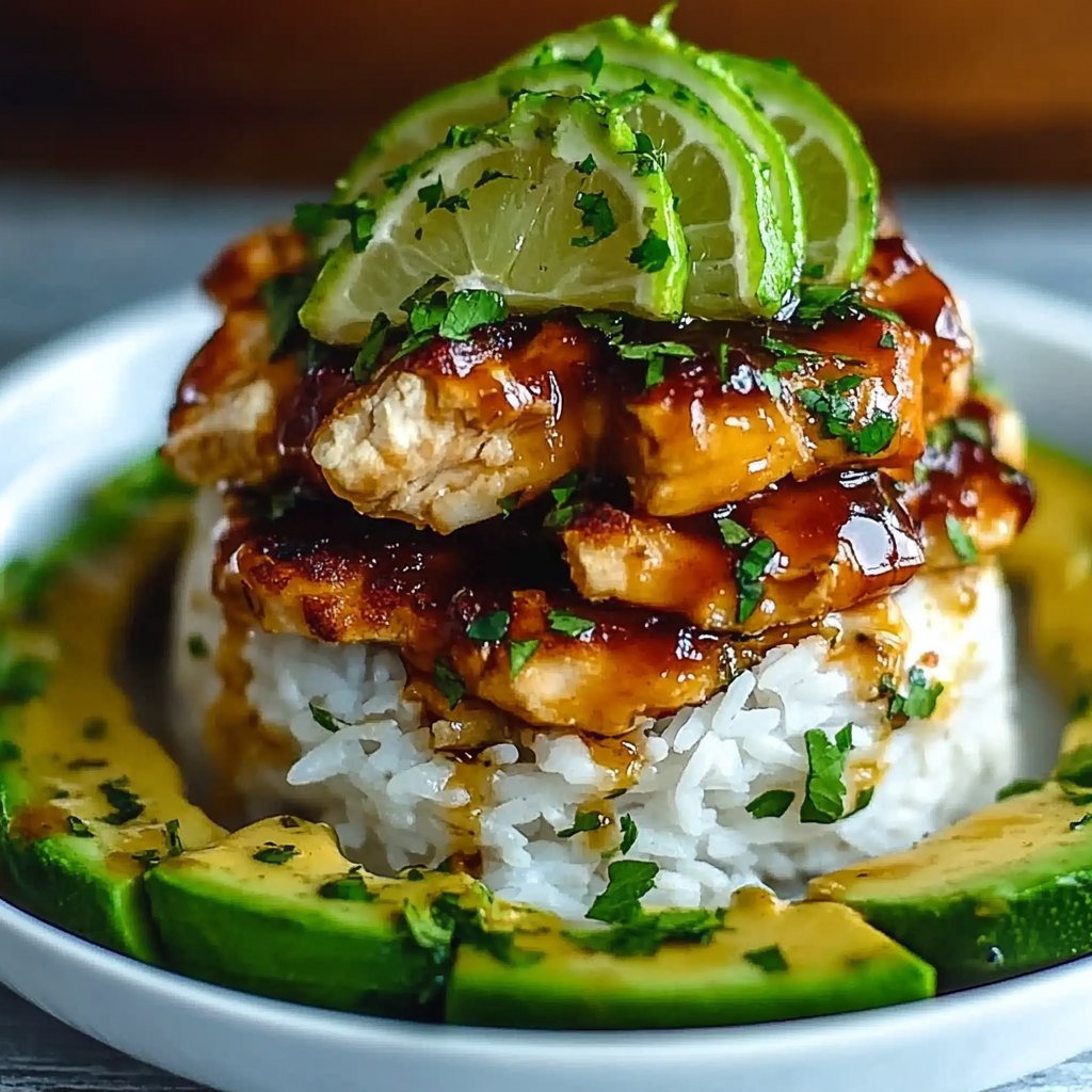 Recipe preparation for Honey Lime Chicken and Avocado Rice Stack