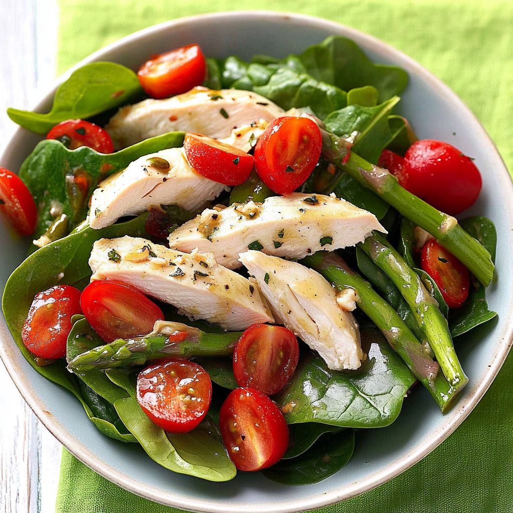 Recipe preparation for Asparagus Spinach Salad with Chicken